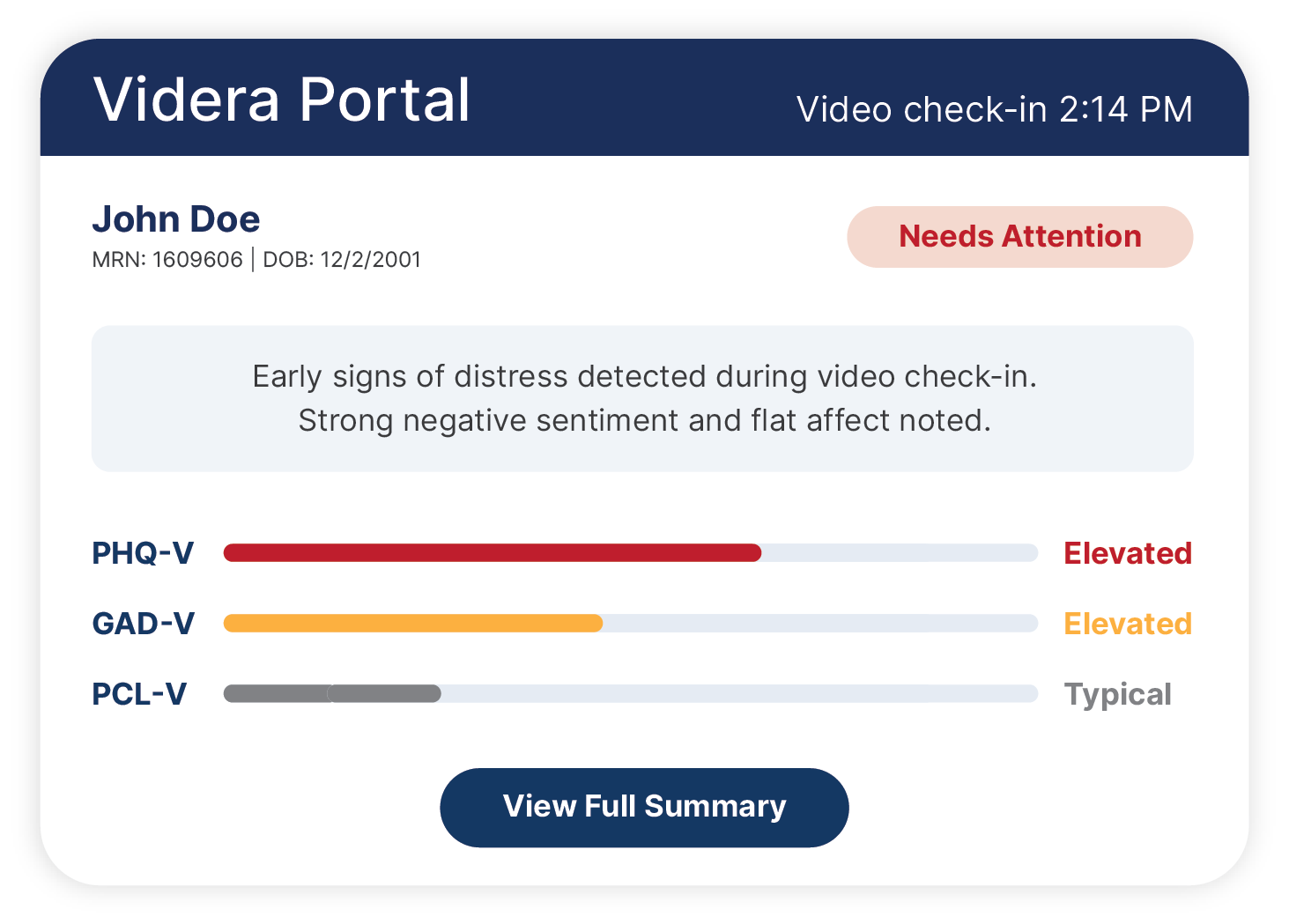 A Videra Portal alert card flagging early signs of distress from a video check-in, with PHQ-V, GAD-V and PCL-V results