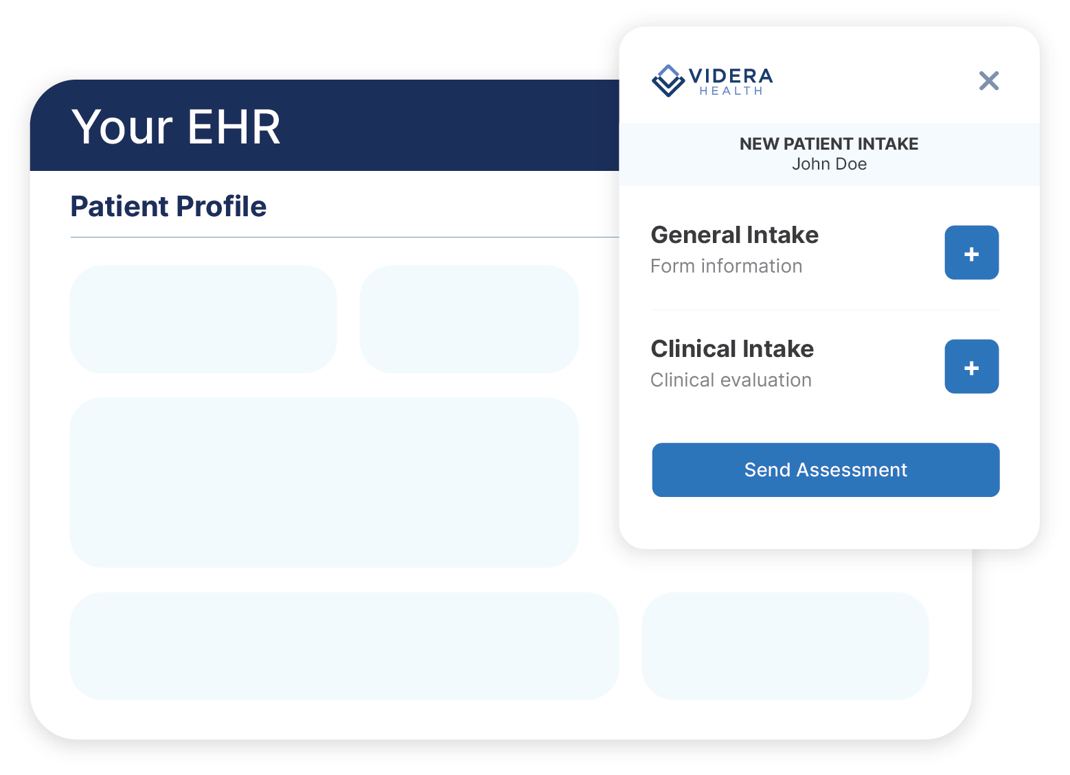 The Videra intake panel open beside a patient profile in an EHR, showing General Intake and Clinical Intake ready to send